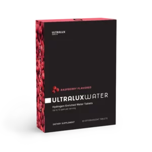 The Refreshing Rasbperry hydrogen water tablets flavor by UltraLux Health. The UltraLux Water Tablets are the best hydrogen tablets. This is the front of the 60 count box for the raspberry flavor.