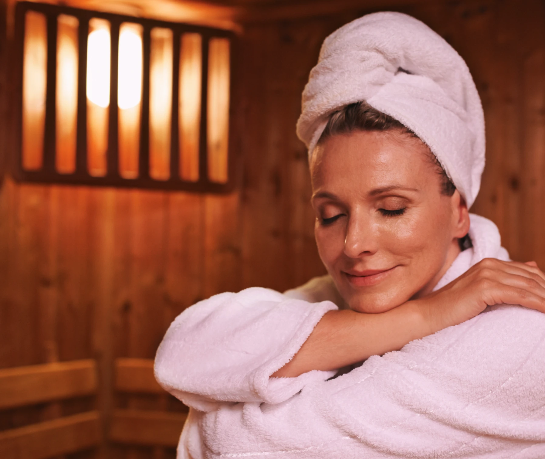 woman in cedar sauna