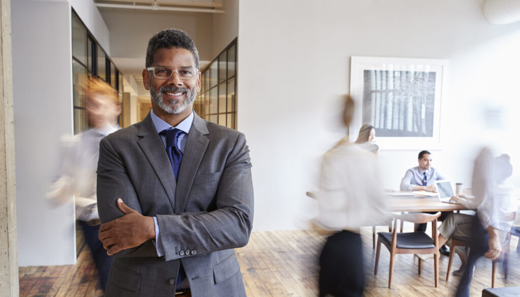 man with busy background